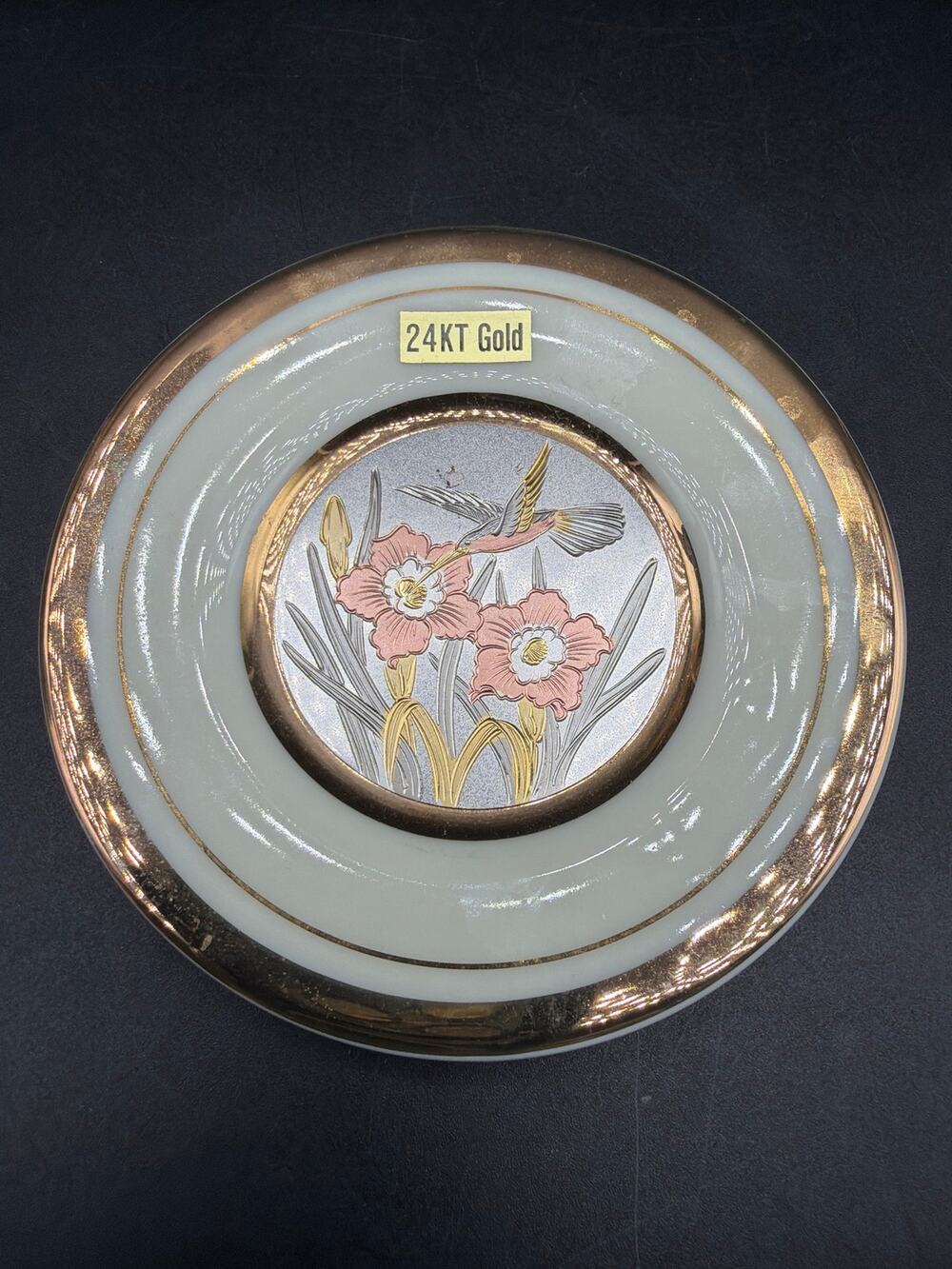 Vintage Japan Chokin Hummingbird Mini Plate 4" 24K Gold Edged Floral Butter Pat